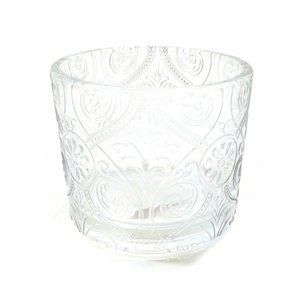 Candle Clear Glass Holder Round Translucent Etched Floral Pattern Tumbler Gift